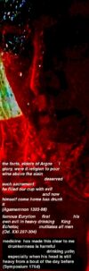 filled our cup with evil things unspeakable and now himself come home has drunk it ... praise or blame me ... this right hand that struck in strength of righteousness (Agamemnon 1397-1406)